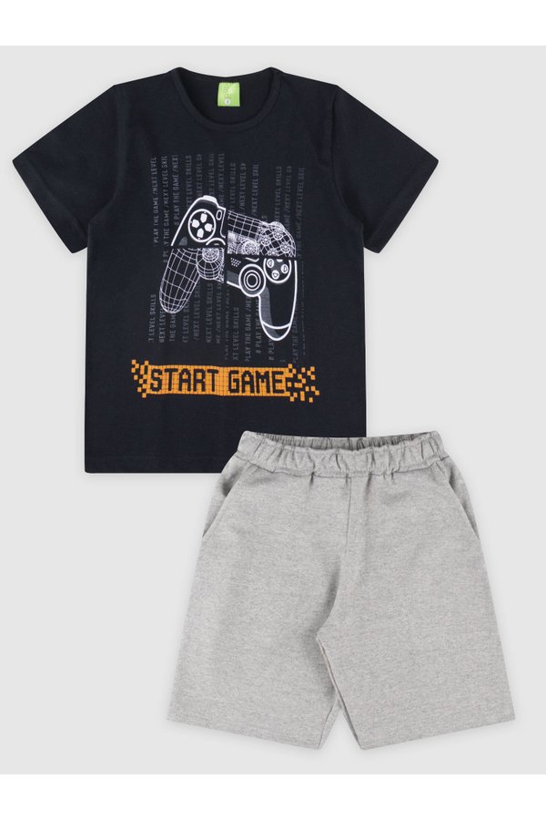 12 conjunto infantil camiseta bermuda com bolso menino preto mescla